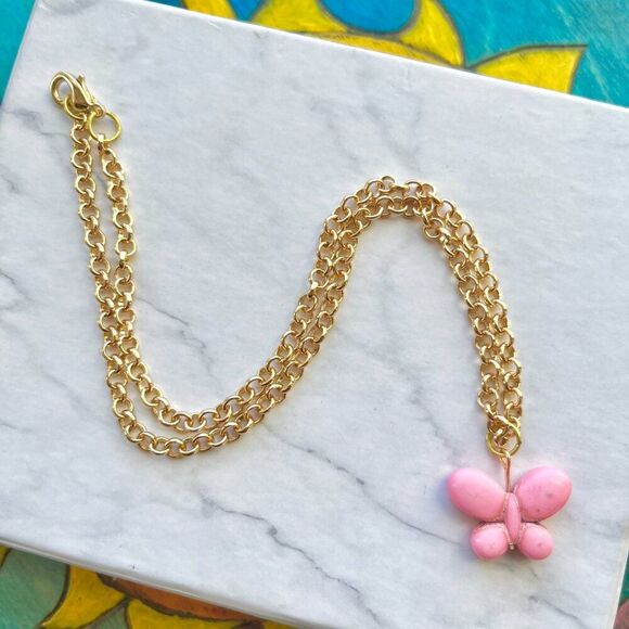 Handmade Jewelry - Pink Butterfly Charm Gold Chain Necklace